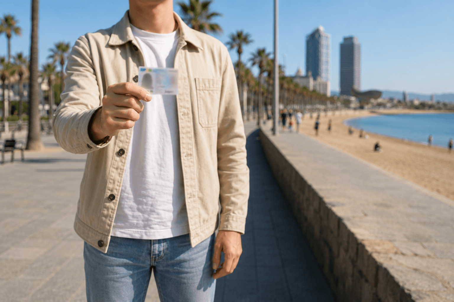 Personne tenant une carte NIE floutée sur la promenade de la Barceloneta, à Barcelone, avec la plage et la mer en arrière-plan.